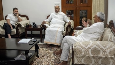 Bihar chief minister Nitish Kumar interacts with Congress president Mallikarjun Kharge and Congress leader Rahul Gandhi during a meeting in New Delhi on Monday, (PTI) Bihar chief minister Nitish Kumar interacts with Congress president Mallikarjun Kharge and Congress leader Rahul Gandhi during a meeting in New Delhi on Monday, (PTI)