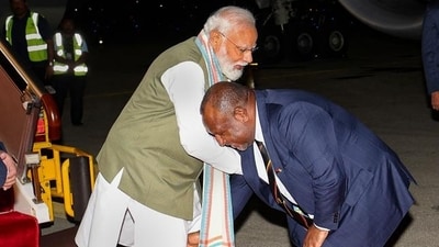 Prime Minister of Papua New Guinea James Marape greets Prime Minister Narendra Modi at Port Moresby. (PTI) Prime Minister of Papua New Guinea James Marape greets Prime Minister Narendra Modi at Port Moresby. (PTI)