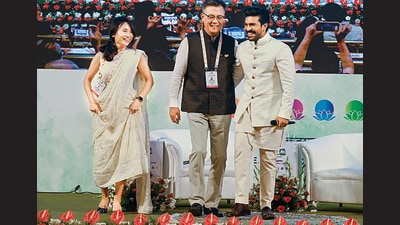 Ram Charan with Korean ambassador Chang Jae-bok (C) in Srinagar on Monday. (AFP) Ram Charan with Korean ambassador Chang Jae-bok (C) in Srinagar on Monday. (AFP)