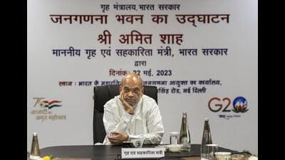 Union home minister Amit Shah at the inauguration of the newly-built Janganana Bhawan in New Delhi on Monday. (PTI) Union home minister Amit Shah at the inauguration of the newly-built Janganana Bhawan in New Delhi on Monday. (PTI)