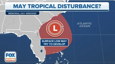 Fox news has predicted possible cyclonic disturbance off the coast of Florida during Memorial Day weekend. (Fox News) Fox news has predicted possible cyclonic disturbance off the coast of Florida during Memorial Day weekend. (Fox News)