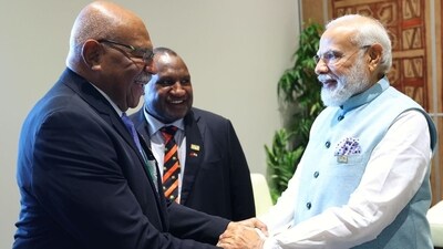 The prime minister met with his counterpart in Fiji on the sidelines of the Forum for India-Pacific Islands Cooperation (FIPIC III Summit) on Monday. “Delighted to meet PM @slrabuka of Fiji. We had a great conversation on various topics. The relation between India and Fiji has stood the test of time. We look forward to working together to further cement it in the coming years,” Modi's tweet after the meeting read. (Twitter/@narendramodi) The prime minister met with his counterpart in Fiji on the sidelines of the Forum for India-Pacific Islands Cooperation (FIPIC III Summit) on Monday. “Delighted to meet PM @slrabuka of Fiji. We had a great conversation on various topics. The relation between India and Fiji has stood the test of time. We look forward to working together to further cement it in the coming years,” Modi's tweet after the meeting read. (Twitter/@narendramodi)