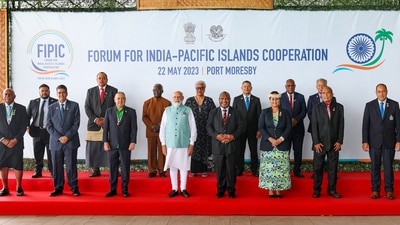 PM Modi poses with leaders of the Forum for India-Pacific Islands Cooperation (FIPIC) in Port Moresby, Papua New Guinea on Monday. PM Modi's visit to the country comes after his successful visit to Japan's Hiroshima to attend the G7 Summit which concluded on Sunday. (PTI) PM Modi poses with leaders of the Forum for India-Pacific Islands Cooperation (FIPIC) in Port Moresby, Papua New Guinea on Monday. PM Modi's visit to the country comes after his successful visit to Japan's Hiroshima to attend the G7 Summit which concluded on Sunday. (PTI)