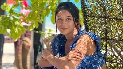 Looking pretty in a blue outfit, Shehnaaz Gill is seen simply soaking some sun on the beach and at her resort. She is seen posing inside a huge artificial nest which has Nikorn Marine written on it. Looking pretty in a blue outfit, Shehnaaz Gill is seen simply soaking some sun on the beach and at her resort. She is seen posing inside a huge artificial nest which has Nikorn Marine written on it. 