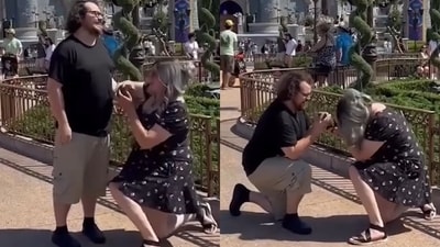 Woman gets down on her knee to propose to her boyfriend in Disneyland. (Instagram/@majicallynews) Woman gets down on her knee to propose to her boyfriend in Disneyland. (Instagram/@majicallynews)