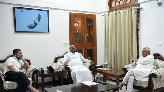 Congress president Mallikarjun Kharge and party leader Rahul Gandhi with Bihar chief minister Nitish Kumar in New Delhi. (ANI)