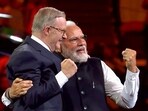 Prime Minister Narendra Modi with Australian PM Anthony Albanese during an Indian community event, in Sydney on Tuesday.