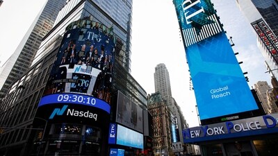 FILE PHOTO: A screen announces the listing of private-equity firm TPG, during the IPO at the Nasdaq Market site in Times Square in New York City, U.S., January 13, 2022. (REUTERS)