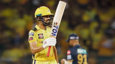 Chennai Super Kings batter Ruturaj Gaikwad celebrates his half-century against Gujarat Titans (Chennai Super Kings Twitter) Chennai Super Kings batter Ruturaj Gaikwad celebrates his half-century against Gujarat Titans (Chennai Super Kings Twitter)