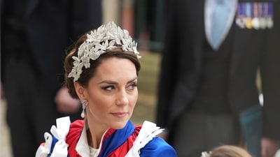 Princess of Wales, Kate Middleton, arrives for the Coronation of King Charles III, in London, Saturday, May 6 2023. King Charles III and Camila the Queen Consort, members of the Royal family and VIP's gathered at Westminster Abbey for the Coronation service. (AP)