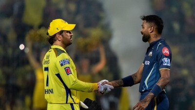 Chennai Super Kings' captain MS Dhoni, left, shakes hands with Gujrat Titans' captain Hardik Pandya after Chennai Super Kings won the Indian Premier League qualifier cricket match against Gujrat Titans in Chennai, India, Tuesday, May 23, 2023. (AP Photo /R. Parthibhan) (AP) Chennai Super Kings' captain MS Dhoni, left, shakes hands with Gujrat Titans' captain Hardik Pandya after Chennai Super Kings won the Indian Premier League qualifier cricket match against Gujrat Titans in Chennai, India, Tuesday, May 23, 2023. (AP Photo /R. Parthibhan) (AP)