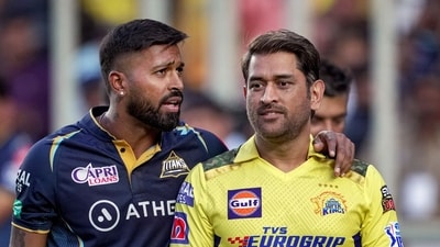 Gujarat Titans captain Hardik Pandya and Chennai Super Kings captain Mahendra Singh Dhoni before the start of the IPL 2023 match (PTI) Gujarat Titans captain Hardik Pandya and Chennai Super Kings captain Mahendra Singh Dhoni before the start of the IPL 2023 match (PTI)