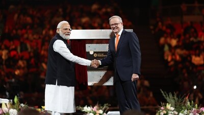 Prime Minister Narendra Modi with his Australian counterpart Anthony Albanese at the foundation stone laying ceremony of 'Little India' Gateway to be built in Harris Park, Parramatta, in Sydney. (PTI) Prime Minister Narendra Modi with his Australian counterpart Anthony Albanese at the foundation stone laying ceremony of 'Little India' Gateway to be built in Harris Park, Parramatta, in Sydney. (PTI)