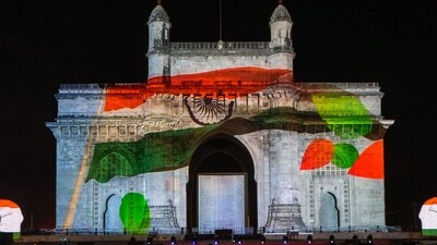 Light and sound show at the Gateway of India organised for delegates taking part in the G20 meeting on environment, climate and disaster management, in Mumbai. (PTI) Light and sound show at the Gateway of India organised for delegates taking part in the G20 meeting on environment, climate and disaster management, in Mumbai. (PTI)