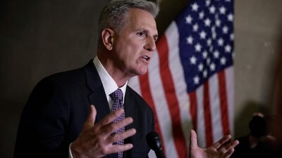 WASHINGTON, DC - MAY 22: U.S. House Speaker Kevin McCarthy (R-CA) talks to reporters outside his office at the Capitol following a meeting with President Joe Biden on May 22, 2023 in Washington, DC. McCarthy characterized today's debt limit negotiations as more productive than previous sessions.   Chip Somodevilla/Getty Images/AFP (Photo by CHIP SOMODEVILLA / GETTY IMAGES NORTH AMERICA / Getty Images via AFP) (Getty Images via AFP)