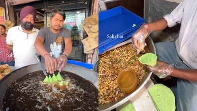 Preparation of palak paneer samosa at a shop in Ambala. (Instagram/@officialsahihai) Preparation of palak paneer samosa at a shop in Ambala. (Instagram/@officialsahihai)