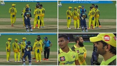 MS Dhoni chats with the umpire before Matheesha Pathirana's over (Twitter)