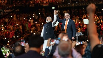 Prime Minister Narendra Modi along with his Australian counterpart Anthony Albanese at a special community event in Sydney on Tuesday. Prime Minister Narendra Modi along with his Australian counterpart Anthony Albanese at a special community event in Sydney on Tuesday.