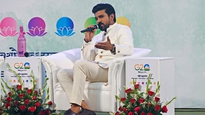 Ram Charan speaking at the G20 tourism working group meeting in Srinagar. (AFP) (AFP) Ram Charan speaking at the G20 tourism working group meeting in Srinagar. (AFP) (AFP)