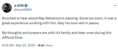Jr NTR on Ray's death. Jr NTR on Ray's death.