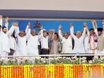 Opposition leaders including Mallikarjun Kharge, Rahul Gandhi, Priyanka Gandhi, Bihar CM Nitish Kumar, CPI(M)'s Sitaram Yechury and others during the swearing-in ceremony of the newly-elected Karnataka Government at Sree Kanteerava Stadium in in Bengaluru on Saturday. (ANI)