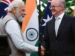 Prime Minister Narendra Modi shakes hands with Australian Prime Minister Anthony Albanese following a joint press conference at Admiralty House in Sydney.