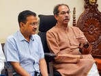 Shiv Sena (UBT) chief Uddhav Thackeray with Delhi CM Arvind Kejriwal during a press conference, in Mumbai.