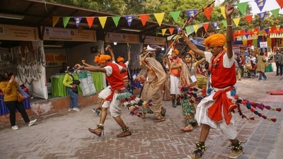 Bhagoriya Festival, Madhya Pradesh: This is a festival of tribal marriage where boys from the Bhil and Bhilala tribes smear red powder on the face of the girl they want to marry and if the girl agrees then she puts the same powder back on the boy’s face. (HT Photo/Raajessh Kashyap) Bhagoriya Festival, Madhya Pradesh: This is a festival of tribal marriage where boys from the Bhil and Bhilala tribes smear red powder on the face of the girl they want to marry and if the girl agrees then she puts the same powder back on the boy’s face. (HT Photo/Raajessh Kashyap)