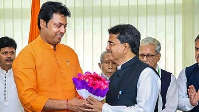An earlier photo of Tripura chief minister Manik Saha (right) and his predecessor Biplab Deb (left), both BJP leaders (PTI) An earlier photo of Tripura chief minister Manik Saha (right) and his predecessor Biplab Deb (left), both BJP leaders (PTI)