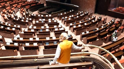 Prime Minister Narendra Modi makes a surprise visit to the new Parliament building, in New Delhi on Thursday. (ANI ) Prime Minister Narendra Modi makes a surprise visit to the new Parliament building, in New Delhi on Thursday. (ANI )