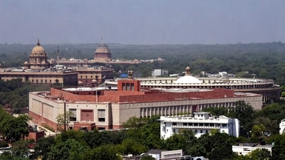 An aerial view of the New Parliament House, in New Delhi on Saturday. (ANI) An aerial view of the New Parliament House, in New Delhi on Saturday. (ANI)