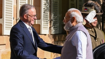 Prime minister Narendra Modi (right) and Australian prime minister Anthony Albanese ahead of a bilateral meeting at Admiralty House in Sydney, on Wednesday, May 24, 2023. Prime minister Narendra Modi (right) and Australian prime minister Anthony Albanese ahead of a bilateral meeting at Admiralty House in Sydney, on Wednesday, May 24, 2023.
