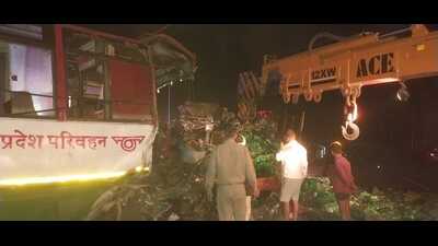 Damaged roadways bus that met with an accident in Aligarh. (HT Photo)