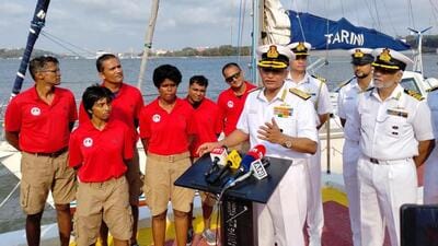 INSV Tarini reached ‘home’ at the INS Mandovi naval base after a journey spanning 17,000 nautical miles over seven months. (HT Photo) INSV Tarini reached ‘home’ at the INS Mandovi naval base after a journey spanning 17,000 nautical miles over seven months. (HT Photo)