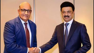 Tamil Nadu chief minister Stalin with Singapore minister of transport and trade S Iswaran on Wednesday. (PTI) Tamil Nadu chief minister Stalin with Singapore minister of transport and trade S Iswaran on Wednesday. (PTI)