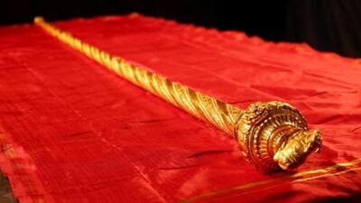 Union home minister Amit Shah tweeted this picture of a golden sceptre ‘Sengol’ to be installed by Prime Minister Narendra Modi in the new Parliament building on May 28, in New Delhi on Wednesday. (ANI) Union home minister Amit Shah tweeted this picture of a golden sceptre ‘Sengol’ to be installed by Prime Minister Narendra Modi in the new Parliament building on May 28, in New Delhi on Wednesday. (ANI)