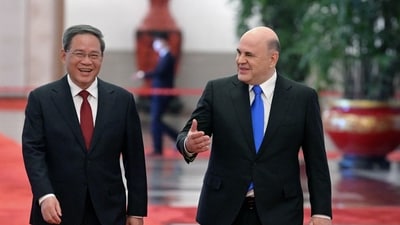 Russian prime minister Mikhail Mishustin with Chinese Premier Li Qiang. (Reuters) Russian prime minister Mikhail Mishustin with Chinese Premier Li Qiang. (Reuters)