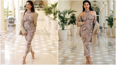 Adding an extra touch of style to her ensemble, the actress paired her dress with an oversized cream-colored blazer from the fashion brand The Frankie Shop. (Instagram/@sunnyleone) Adding an extra touch of style to her ensemble, the actress paired her dress with an oversized cream-colored blazer from the fashion brand The Frankie Shop. (Instagram/@sunnyleone)
