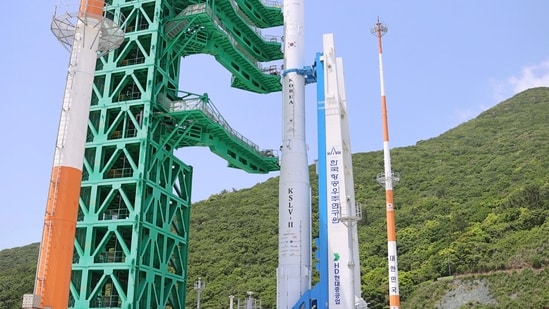In this photo released by the Korea Aerospace Research Institute, the Nuri rocket sits on its launch pad at the Naro Space Center in Goheung, South Korea. (AP)