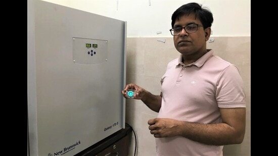 Prof Awadh Bihari Yadav in his lab. (HT)