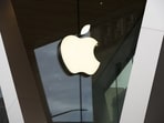 An Apple logo adorns the facade of the downtown Brooklyn Apple store in New York. 