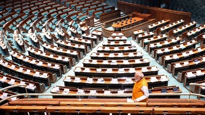 Prime Minister Narendra Modi makes a surprise visit to the new Parliament building, in New Delhi on Thursday. (ANI ) Prime Minister Narendra Modi makes a surprise visit to the new Parliament building, in New Delhi on Thursday. (ANI )