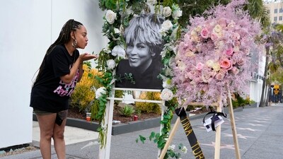 A woman blows a kiss to a portrait of the late singer Tina Turner at her star on the Hollywood Walk of Fame, Wednesday, May 24, 2023, in Los Angeles. (AP) A woman blows a kiss to a portrait of the late singer Tina Turner at her star on the Hollywood Walk of Fame, Wednesday, May 24, 2023, in Los Angeles. (AP)