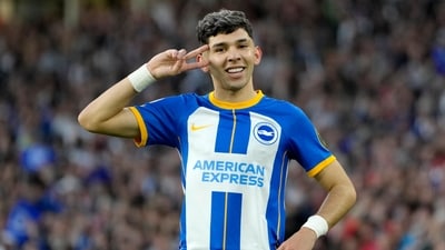 Brighton's Julio Enciso celebrates after scoring his sides first goal during the English Premier League soccer match between Brighton and Hove Albion and Manchester City at the AMEX stadium (AP) Brighton's Julio Enciso celebrates after scoring his sides first goal during the English Premier League soccer match between Brighton and Hove Albion and Manchester City at the AMEX stadium (AP)