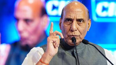 Defence minister Rajnath Singh addresses during the 'CII Annual Session 2023' in New Delhi on May 25 (PTI) Defence minister Rajnath Singh addresses during the 'CII Annual Session 2023' in New Delhi on May 25 (PTI)