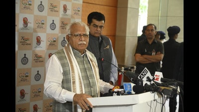 Manohar Lal Khattar, chief minister, Haryana, said in the next phase of the Pradhan Mantri Awas Yojana (PMAY) one lakh houses will be constructed (HT Photo)