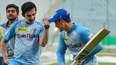 Lucknow Super Giants player Quinton de Kock with mentor Gautam Gambhir during a training session (PTI) Lucknow Super Giants player Quinton de Kock with mentor Gautam Gambhir during a training session (PTI)