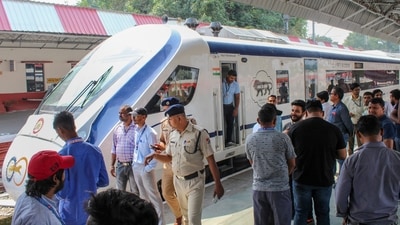 The Vande Bharat express at the Dehradun Railway Station after arriving from Delhi on a test drive, in Dehradun. (PTI) The Vande Bharat express at the Dehradun Railway Station after arriving from Delhi on a test drive, in Dehradun. (PTI)