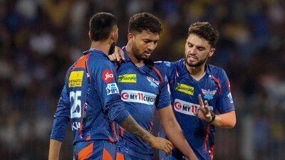Mohsin Khan, Naveen-ul-Haq and Krunal Pandya during the IPL 2023 Eliminator cricket match between Mumbai Indians and Lucknow Super Giants at M. A. Chidambaram Stadium, in Chennai. (PTI) Mohsin Khan, Naveen-ul-Haq and Krunal Pandya during the IPL 2023 Eliminator cricket match between Mumbai Indians and Lucknow Super Giants at M. A. Chidambaram Stadium, in Chennai. (PTI)