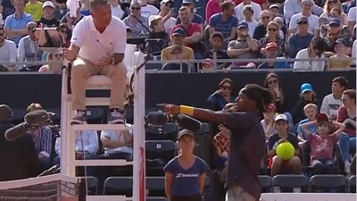 Mikael Ymer talking to the chair umpire Mikael Ymer talking to the chair umpire
